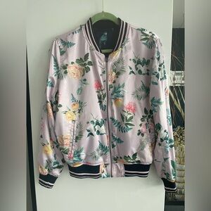 American Eagle Reversible Navy Parrot Bird/Floral Satin Bomber Jacket Small